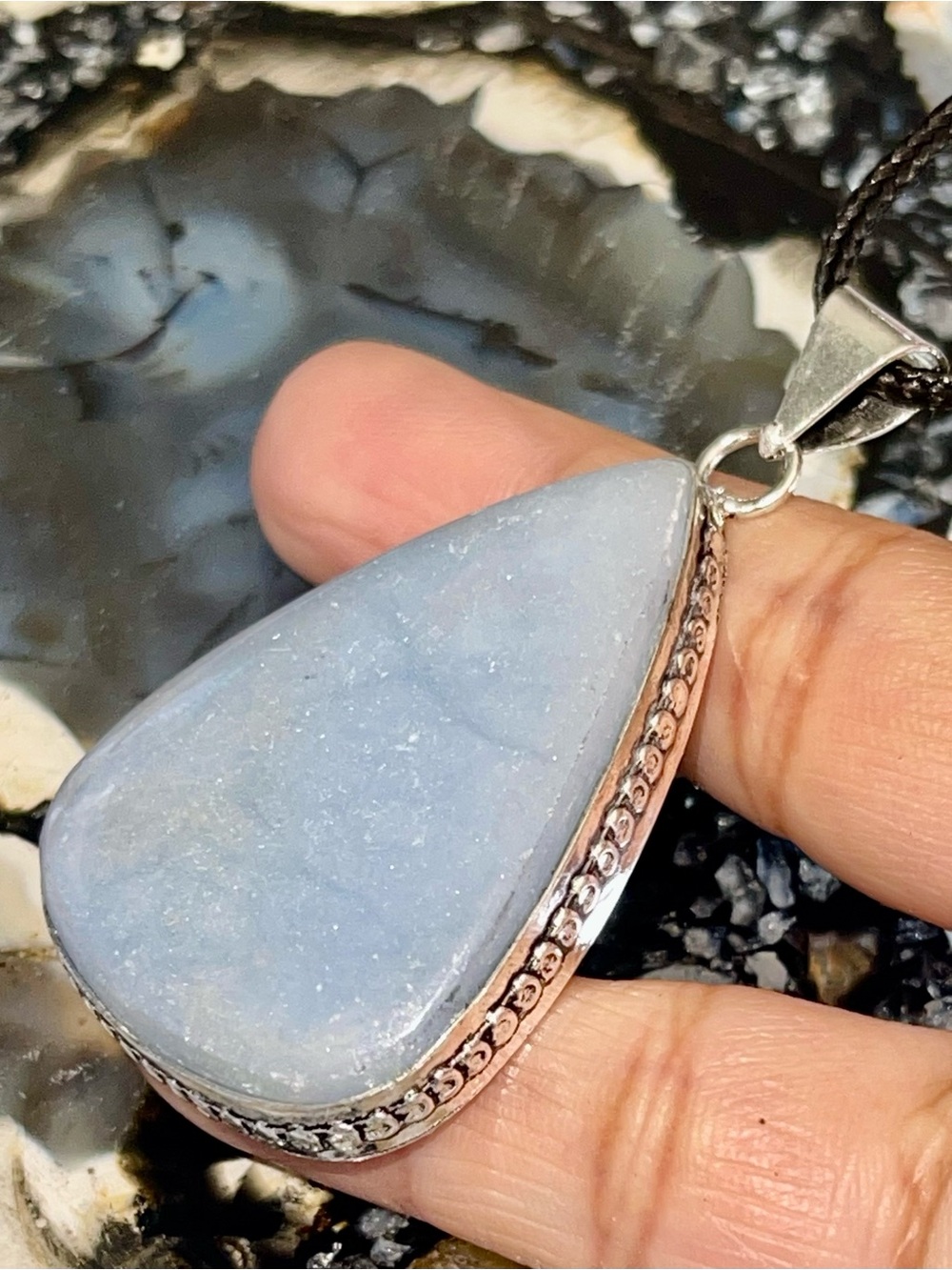 Round Blue Anhydrite Angelite Pendant 2 1/4”